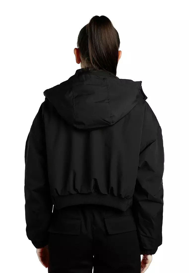 Drawstring Cropped Woven Jacket in Black