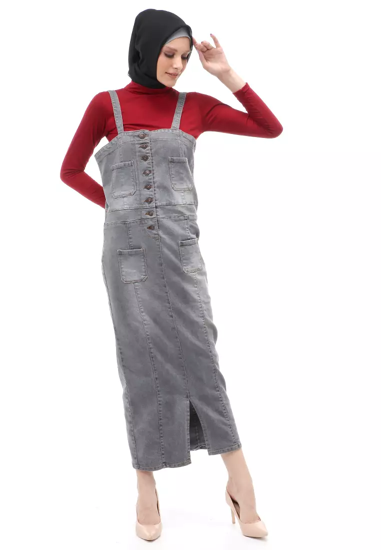Ellida Overall Wanita Jeans Rok Kodok Regular Fit - Grey
