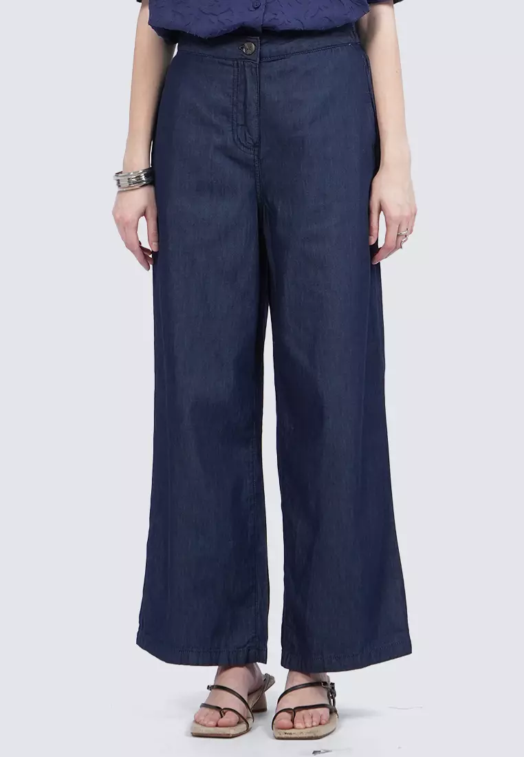 Wide Leg Chambray Pants DARK BLUE