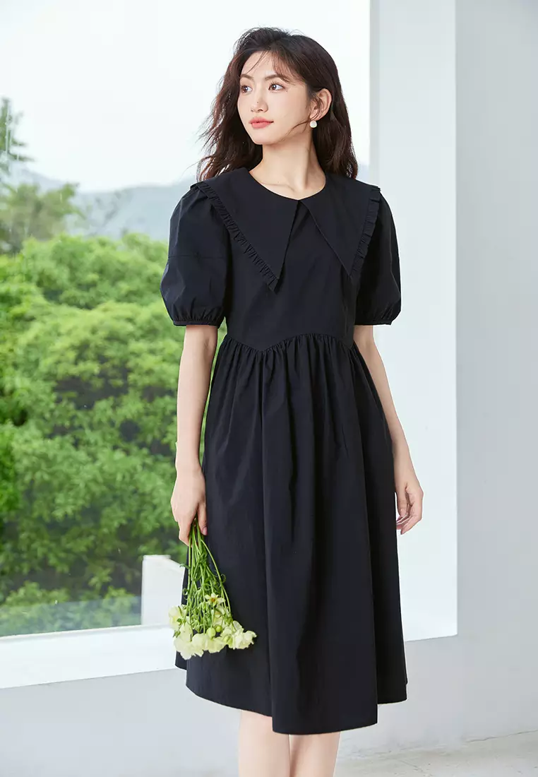 Victorian Ruffle Collar Puff Sleeve Black Dress