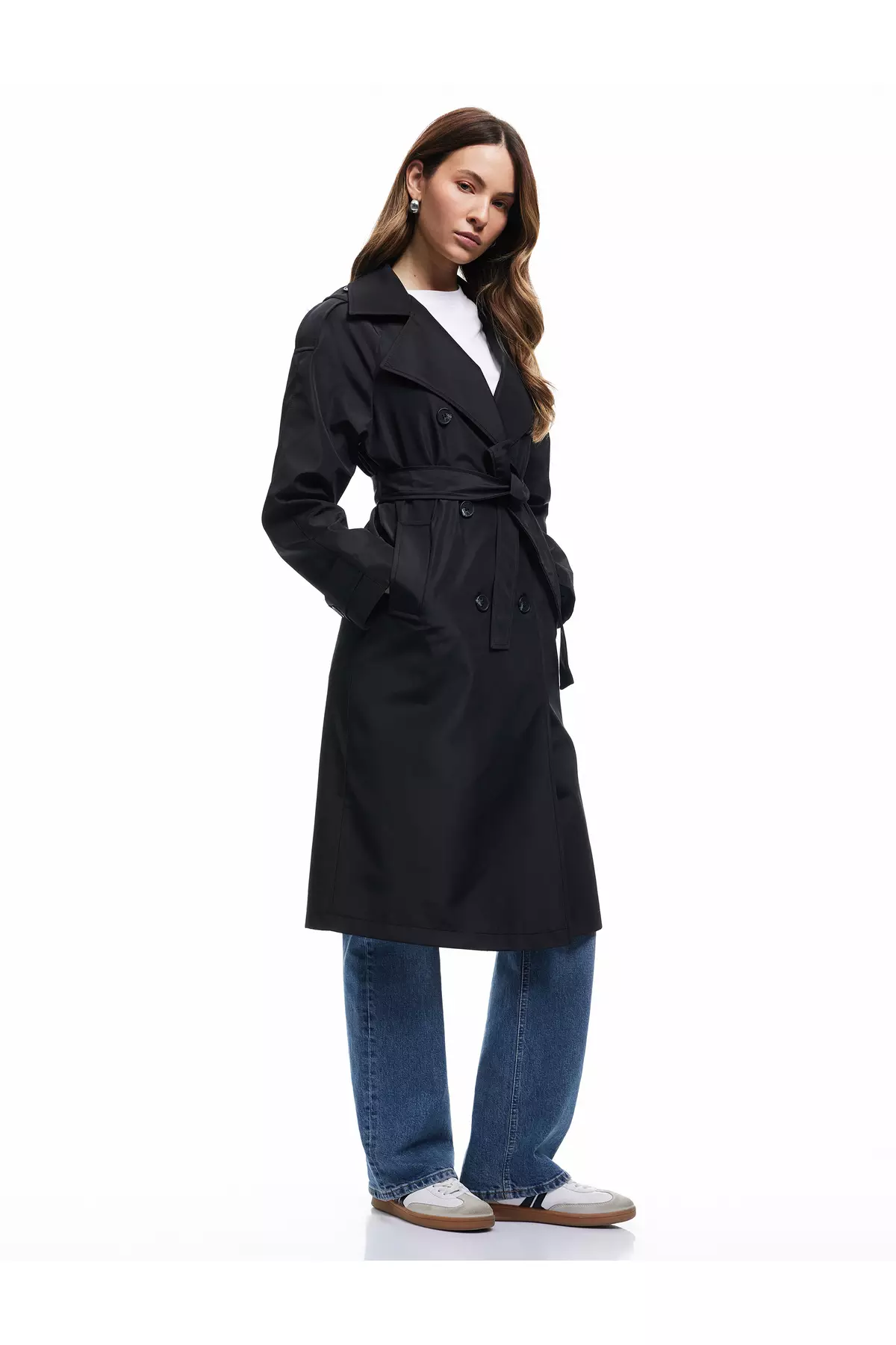 長袖束腰雙排扣長款華達呢風衣連口袋