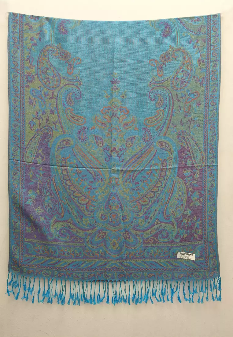 Aksesoris Wanita Reversible Viscose Full Paisley Pattern Pashmina Shawl Syal Wanita Teal Blossom