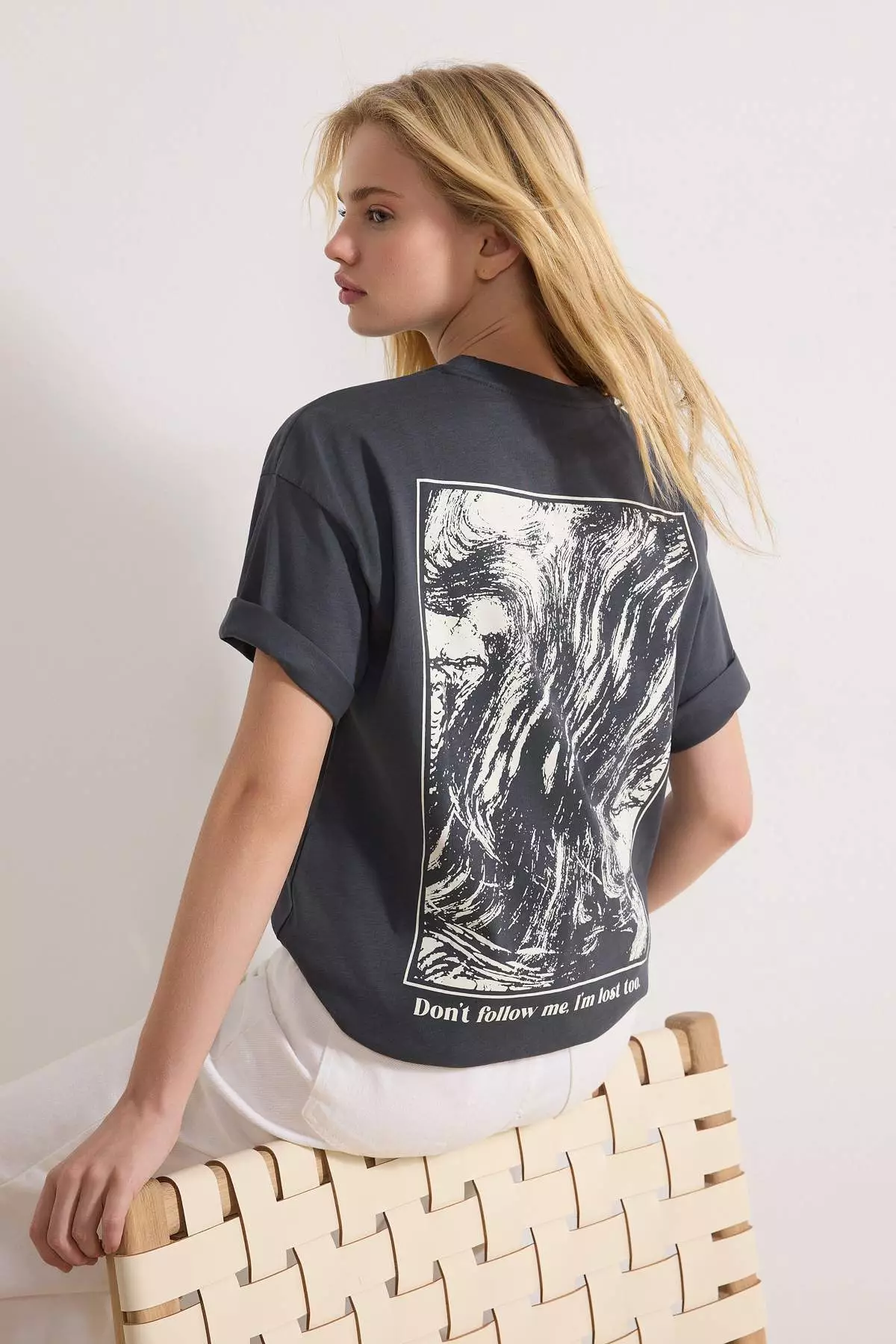 Anthracite 1% Cotton Back And Front Printed Oversize/Relaxed Fit Knitted T-Shirt Twoss24Ts234