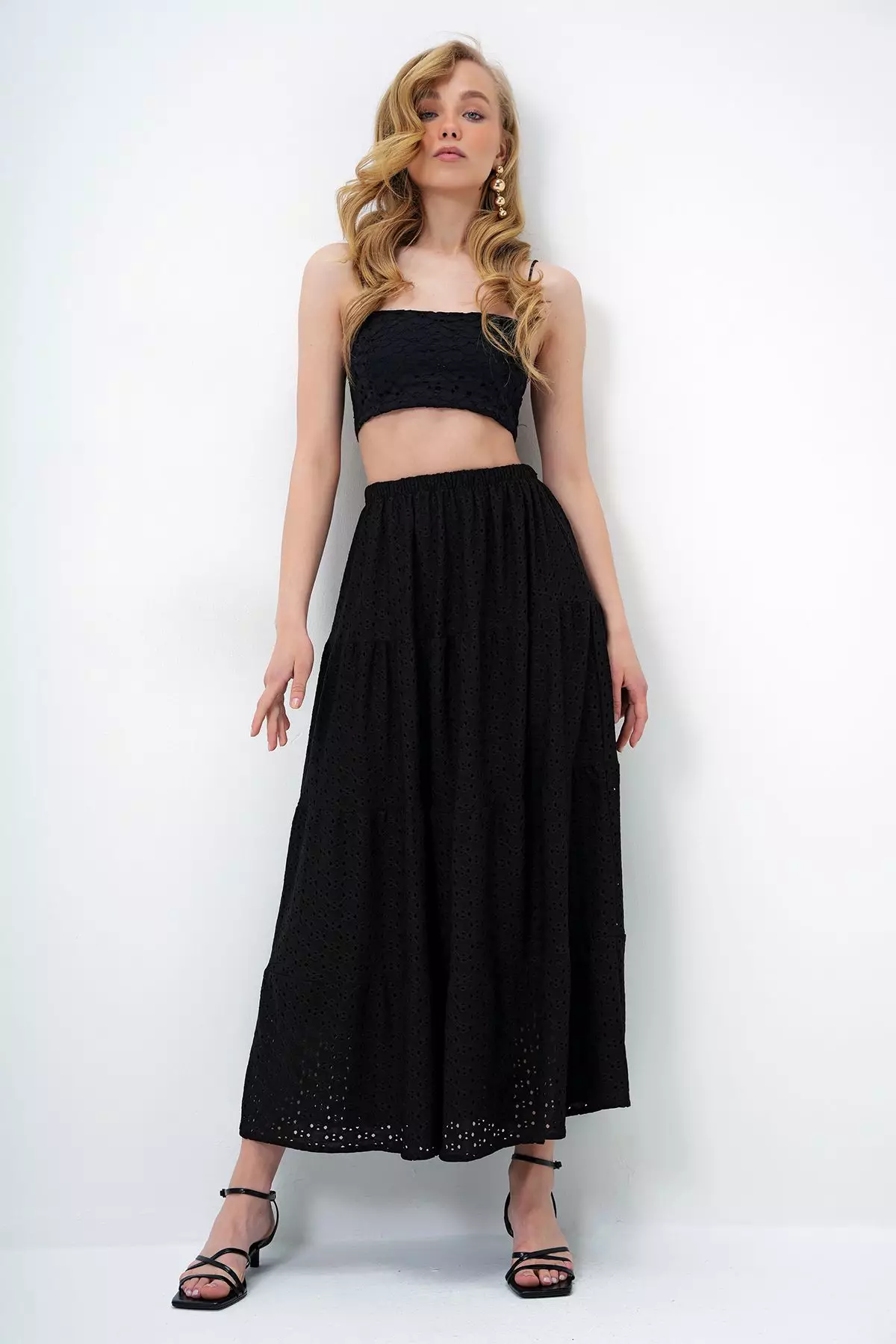 Women's Black Katkat Flounce Guipure Premium Skirt Alc-X14141