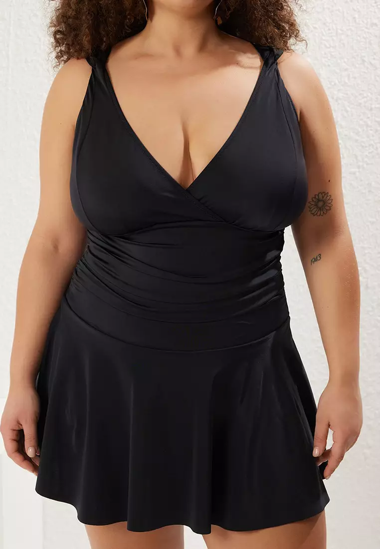 Black Deep V Neck Gathered Strap Detailed Skirted Plus Size Swimsuit TBBSS25AM00017
