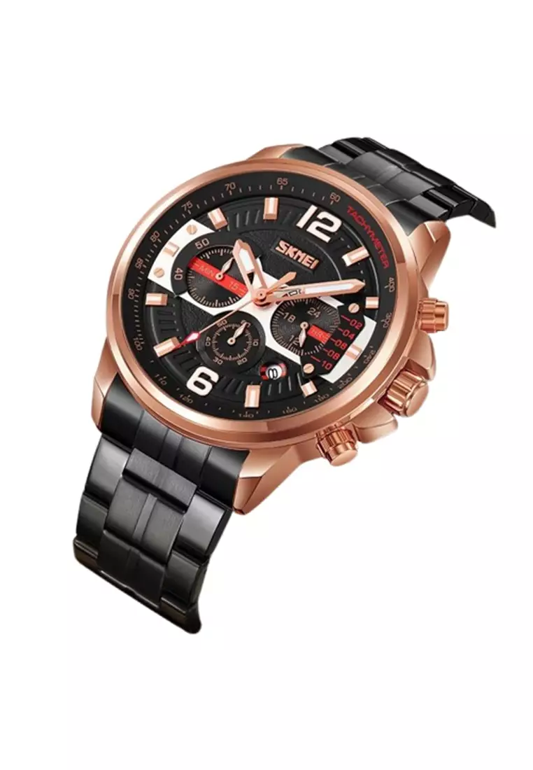 Jam Tangan Pria Analog Luxury Stainless Steel Chrono Waterproof 9332 ORIGINAL - Rose Gold/Black