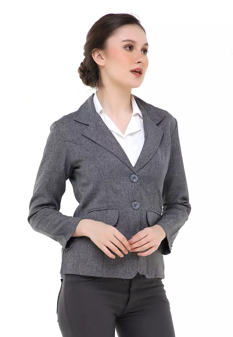 Qemsya Jas Blazer Wanita Two Pockets Two Button Formal Longsleeve Suit Material Polyester ORIGINAL - Gray