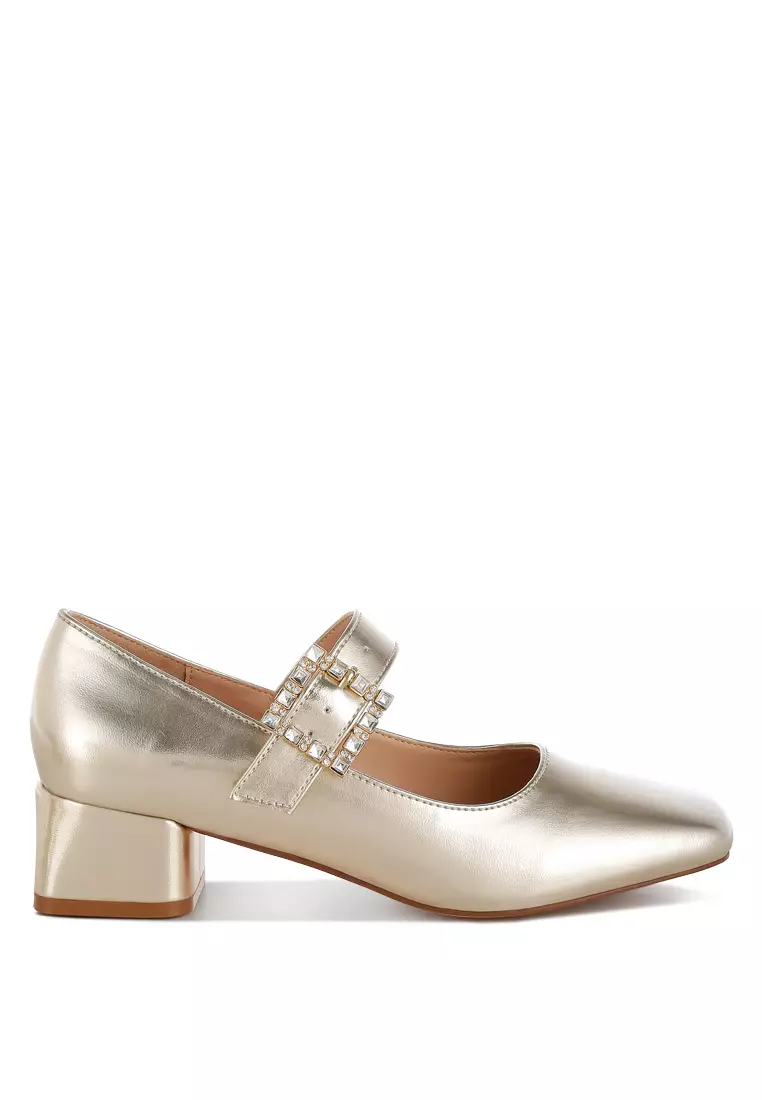 Diamante Brooch Metallic Mary Jane Pumps In Gold