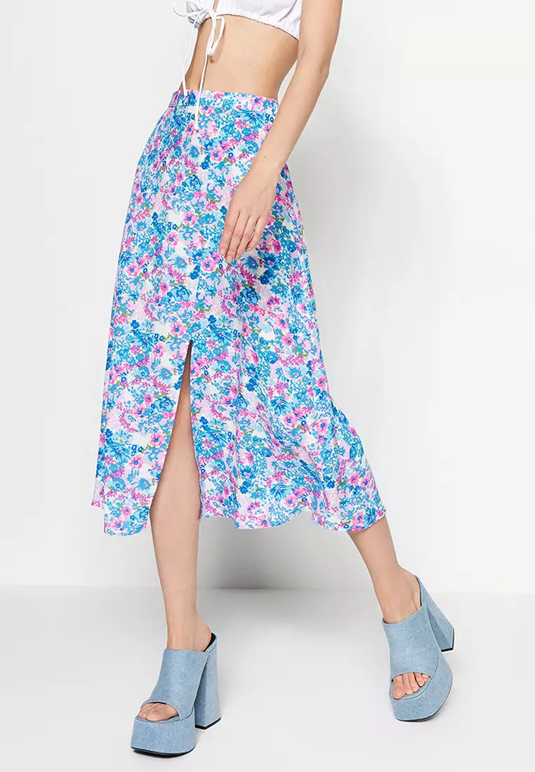 Indigo-Ecru Midi Skirt with Floral Pattern and Viscose Fabric with a Slit Detailed Detail