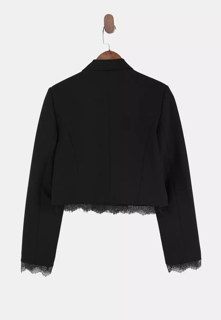 Black Skirted And Cuffed Lace Detailed Crop Blazer Jacket Twoss26Bc51