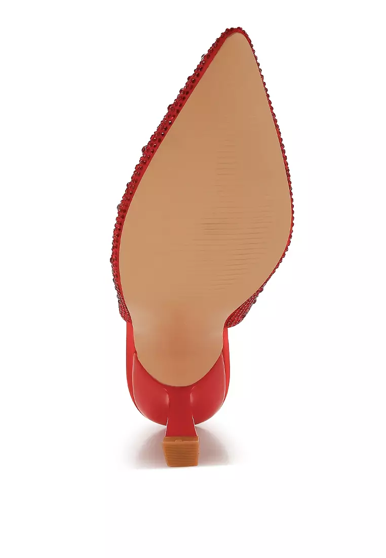 Luxurious Satin Pearl Slingback Sandals in Red