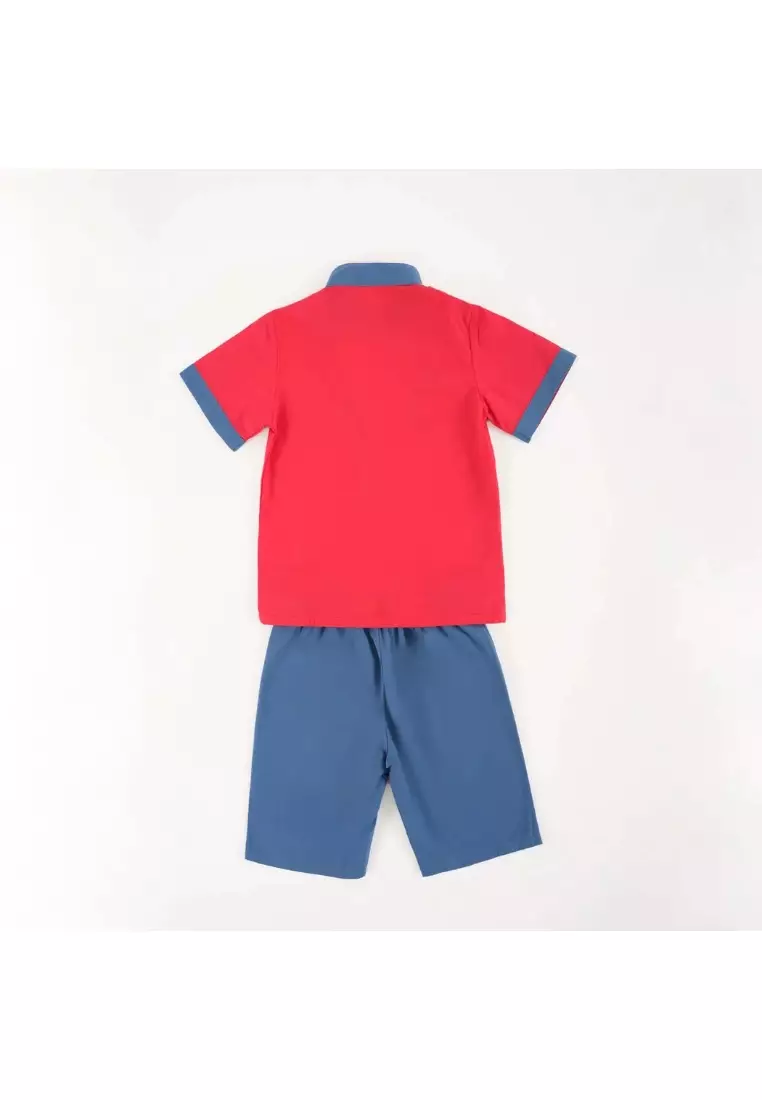 舞獅嬰兒裝兒童男童唐裝漢服套装紅色上衣與藍色短褲拜年服0838