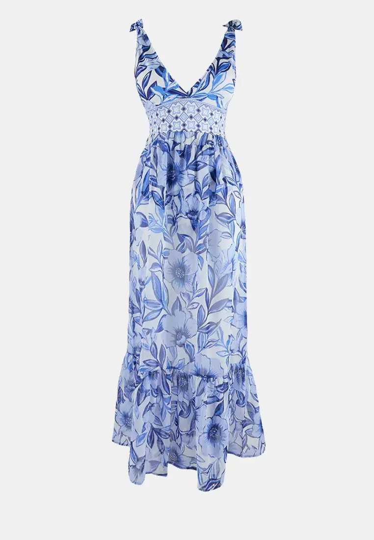 Floral Pattern Covered Deep V-Neck Regular 2-Piece Suit Skirt Swimsuit Tbess26Ma32