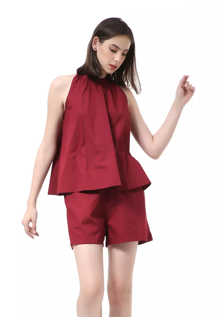 Nayra One Set Setelan Wanita Sleeveless Blouse with Short Pants Plain Motive Material Cotton ORIGINAL - Maroon