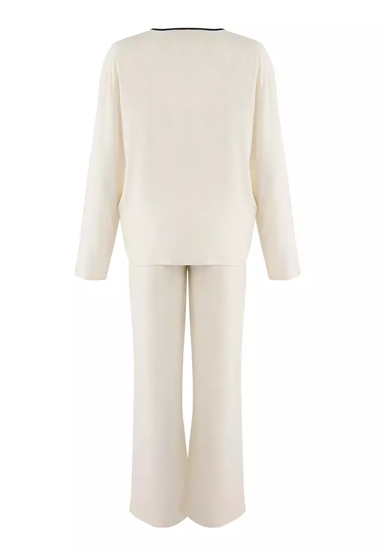 Ecru Ribbon/Bow And Piping Detailed Viscose Pajama Set