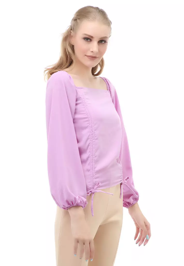 Cheva Blouse Atasan Wanita Sabrina Tali Lengan Panjang Casual Top Long Sleeve Comfortable Material Wolfis ORIGINAL - Light Purple