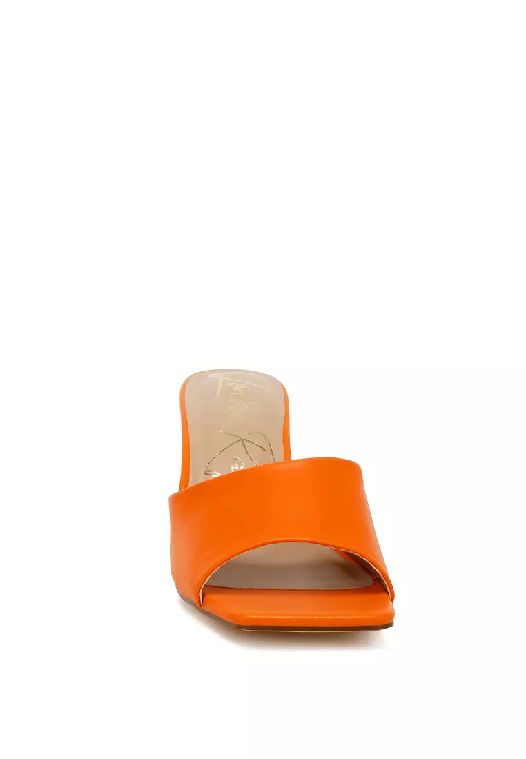 Faux Leather Block Heel Sandals in Orange