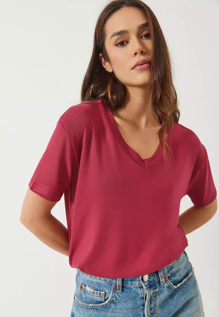 Women's V-Neck Short Sleeve Viscose T-Shirt 3077 60283074