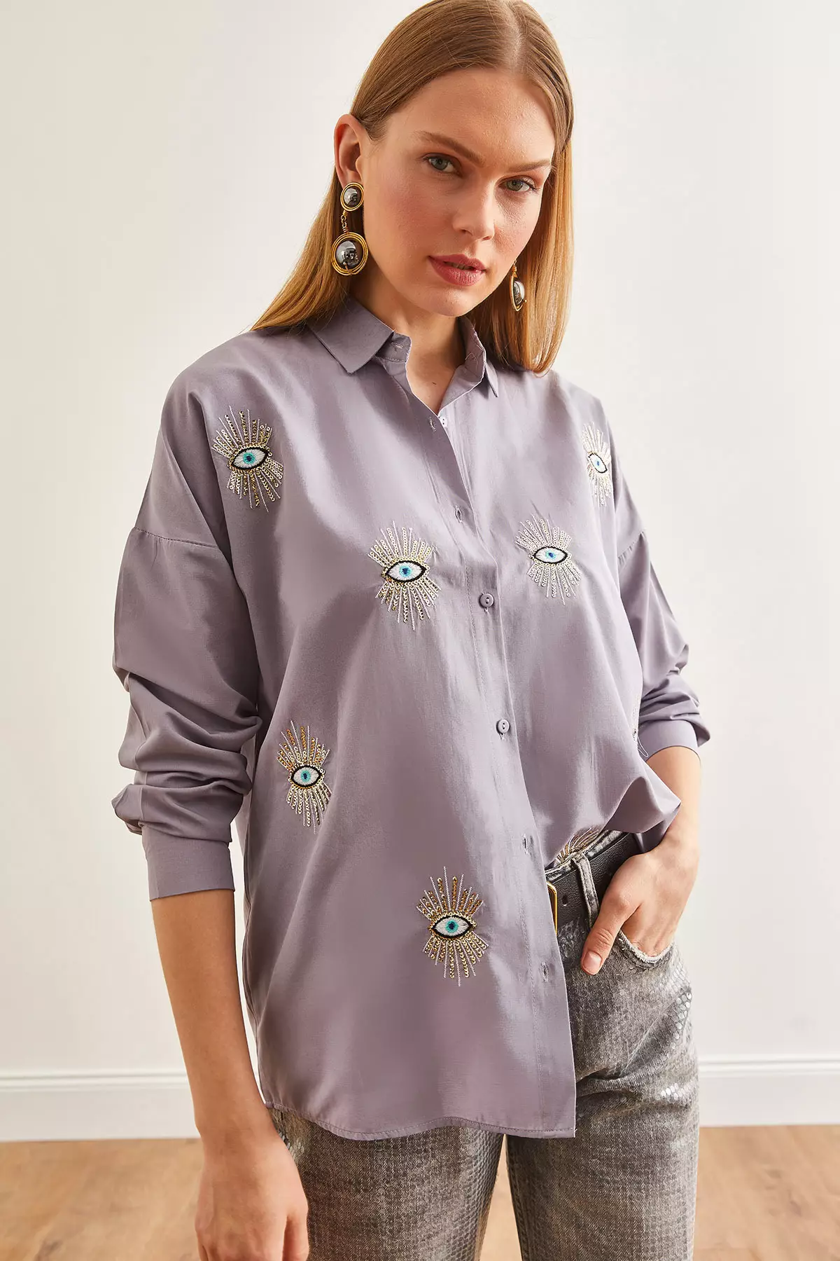 Gray Sequined Woven Women's Boyfriend Shirt - Gml-19000992
