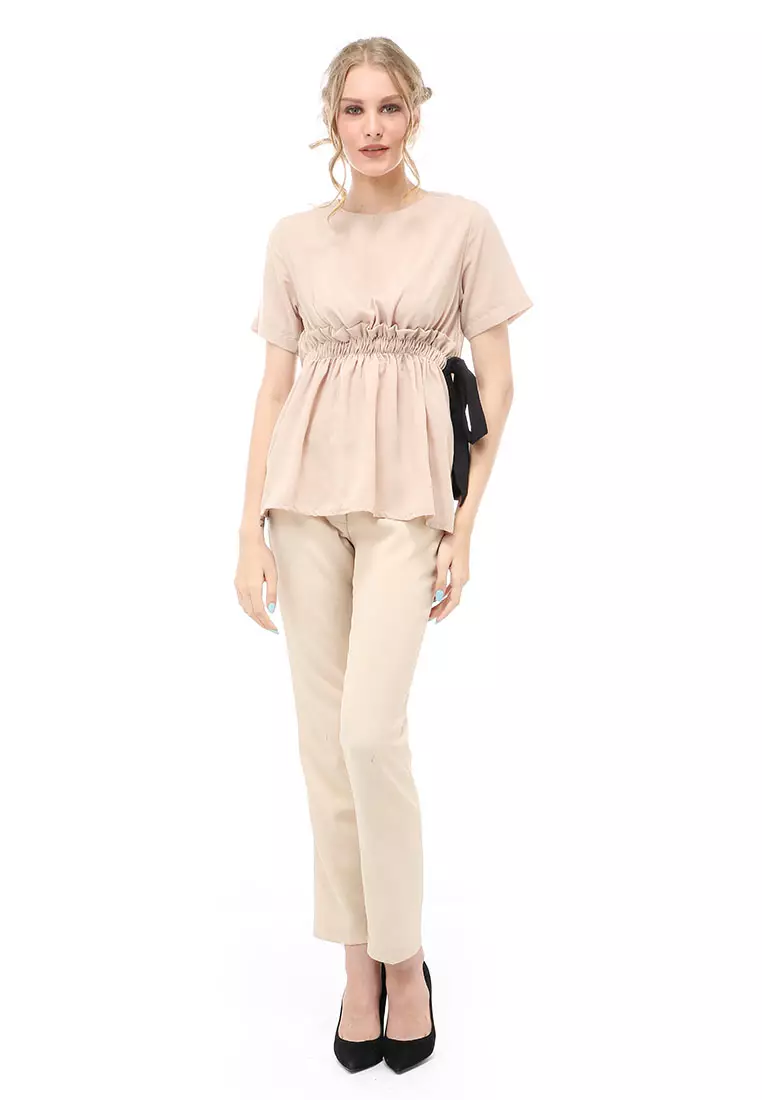 Cheva Blouse Atasan Wanita Kasual Pinggang Karet Pita Ikat Simple Material Wolfis ORIGINAL - Cream