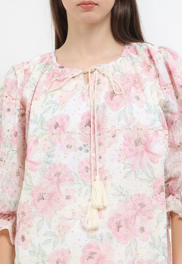 L/S Flo Print Emb Blouse W/ Tassels & Scallops Hem