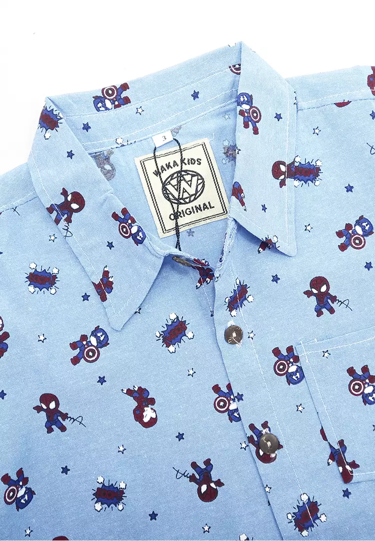 Kemeja Anak Laki Laki Lengan Pendek Katun Motif Superhero Collar Shirt 4438 Vensk Biru