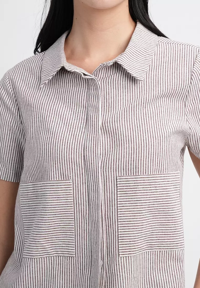 Emma Short Sleeve Striped Collared Button-Up Top Blouse