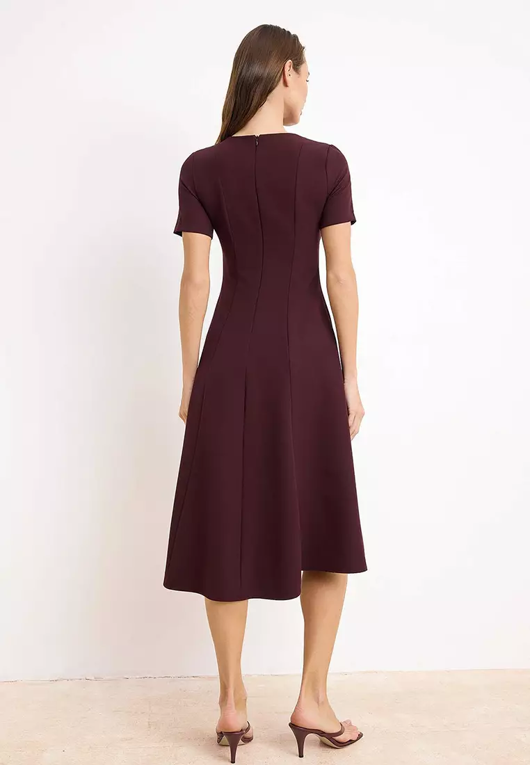 Dark Burgundy Straight Skirt Waist Opening Midi Woven Dress Twoss25El79