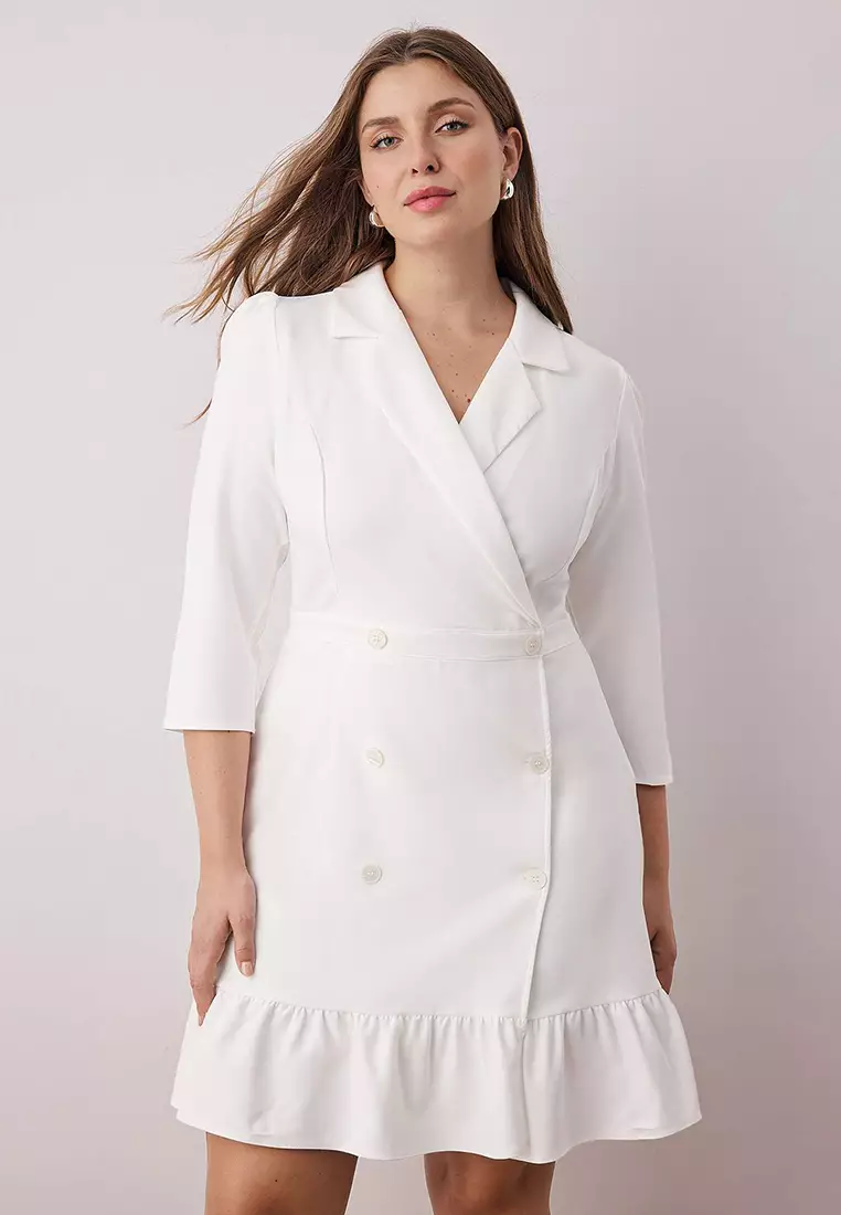 Ecru Plus Size Unlined Three Quarter Sleeve Mini Woven Jacket Dress