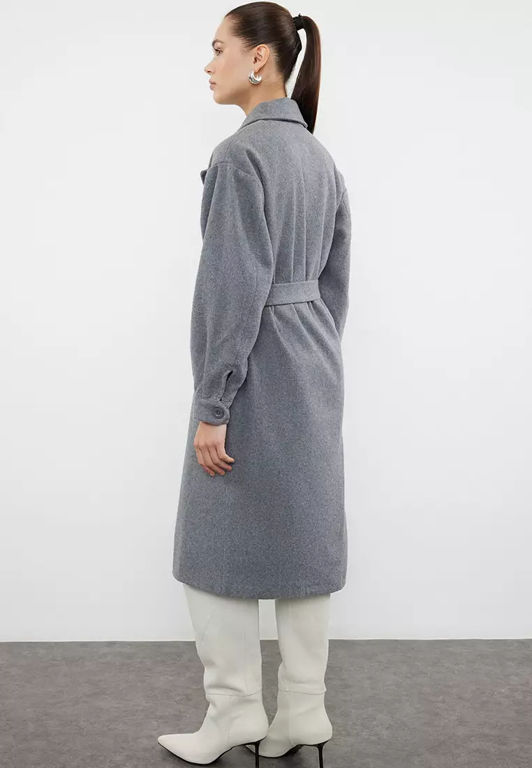 Gray Buckle Detailed Belted Regular Coat TWOAW20KB0029