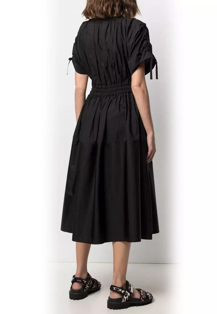 "Poplin" Drawstring Flared Jumper Dress in Black