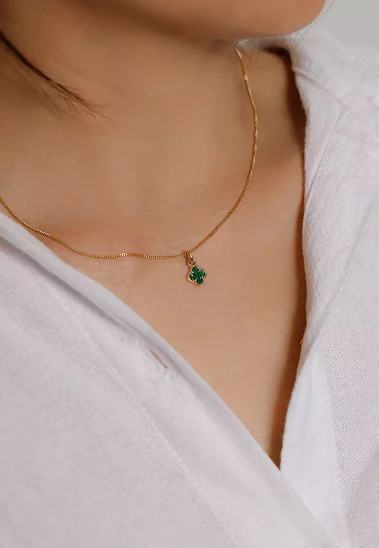 Kalung Perhiasan Perak 925 Wanita Cloverleaf Black Pendant Gold Plated