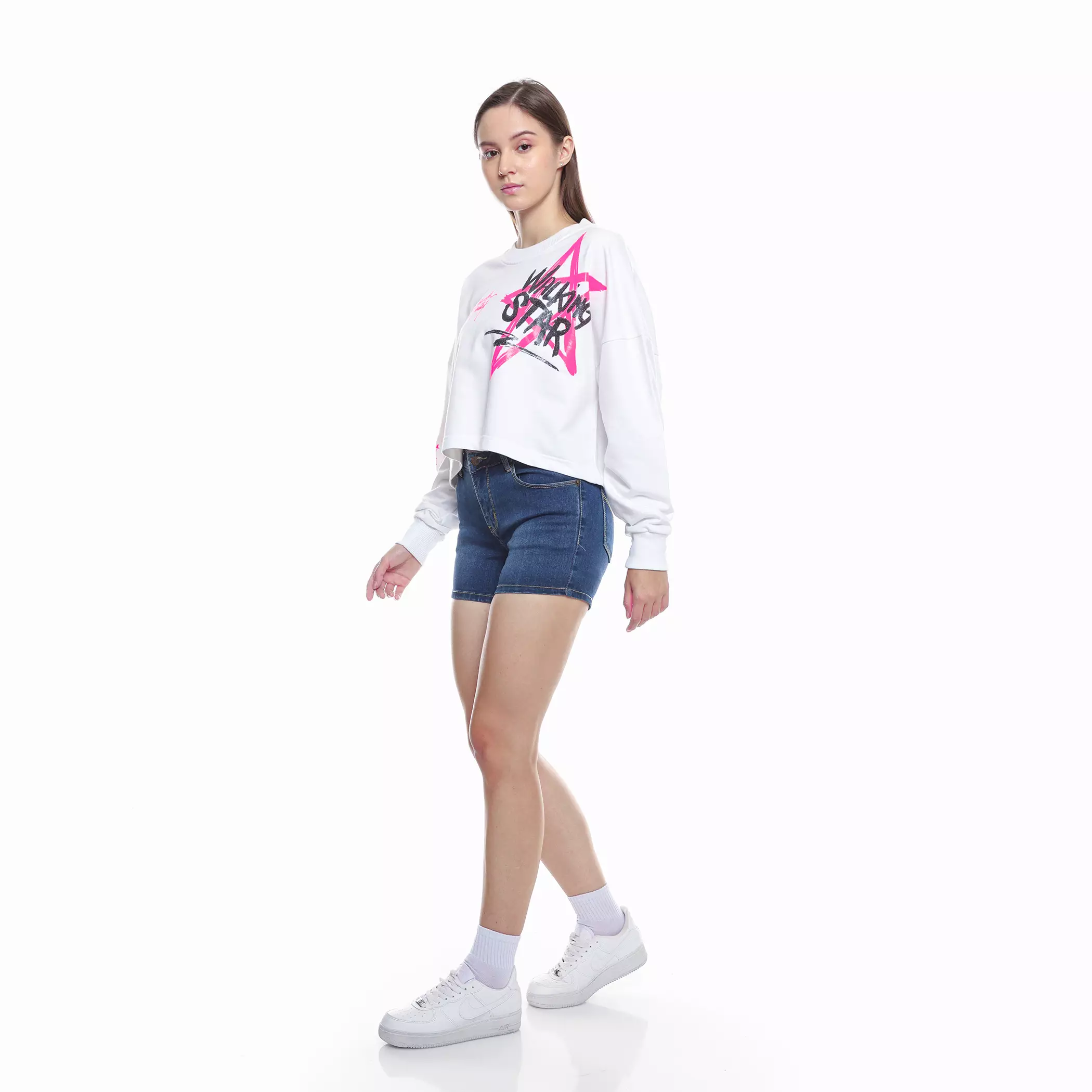 Enough For Today - Sweater Crewneck Crop Oversize Wanita Putih WalkingStar