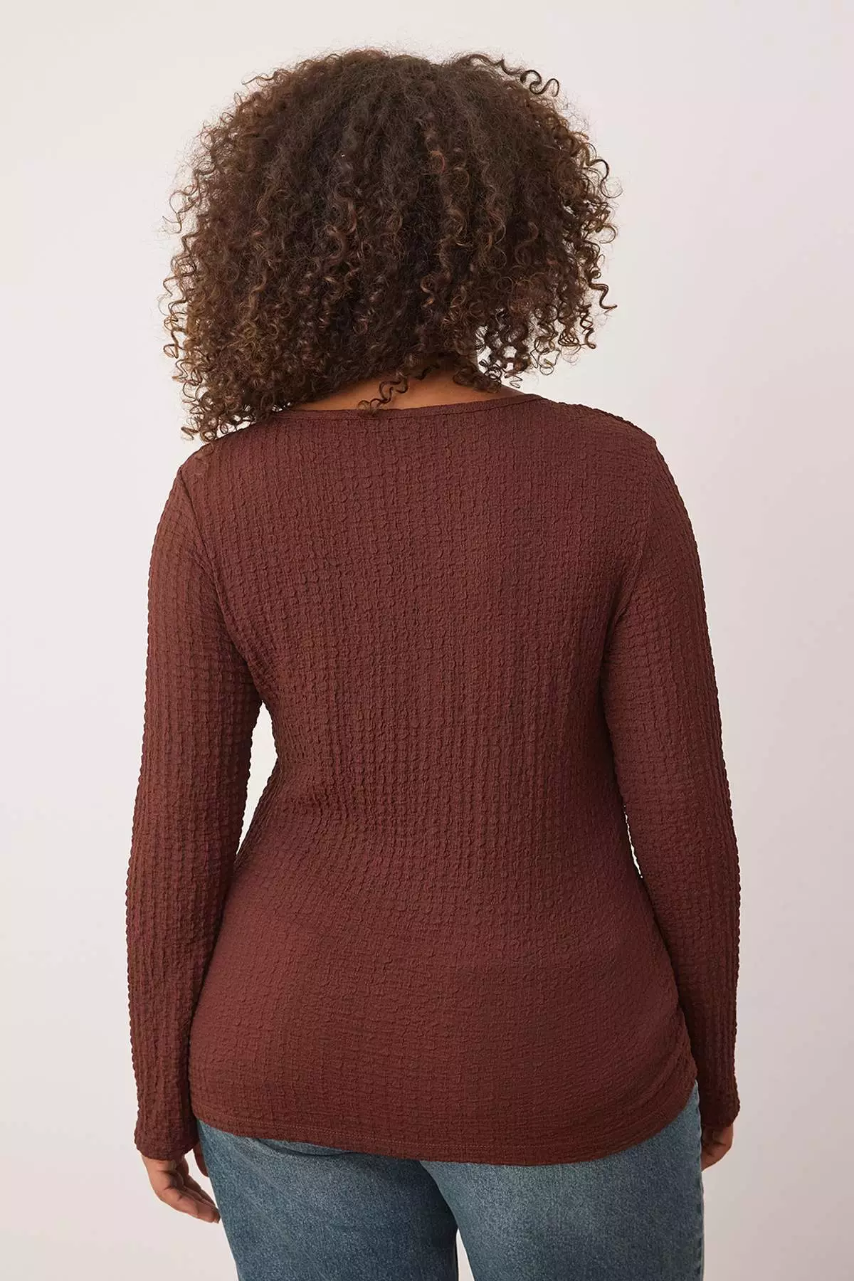 Brown Seersucker Textured Fabric Knitted Plus Size Blouse Tbbaw26Af00034