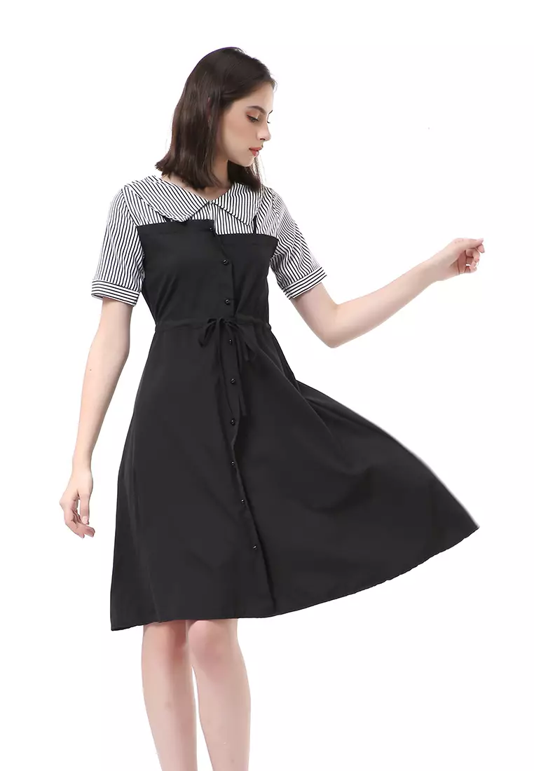 Rachel Midi Dress Wanita Lengan Pendek Vintage Design Tali Pinggang Material Cotton ORIGINAL - Black