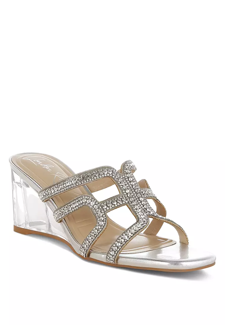 Metallic Rhinestone Clear Wedge Sandals In Silver