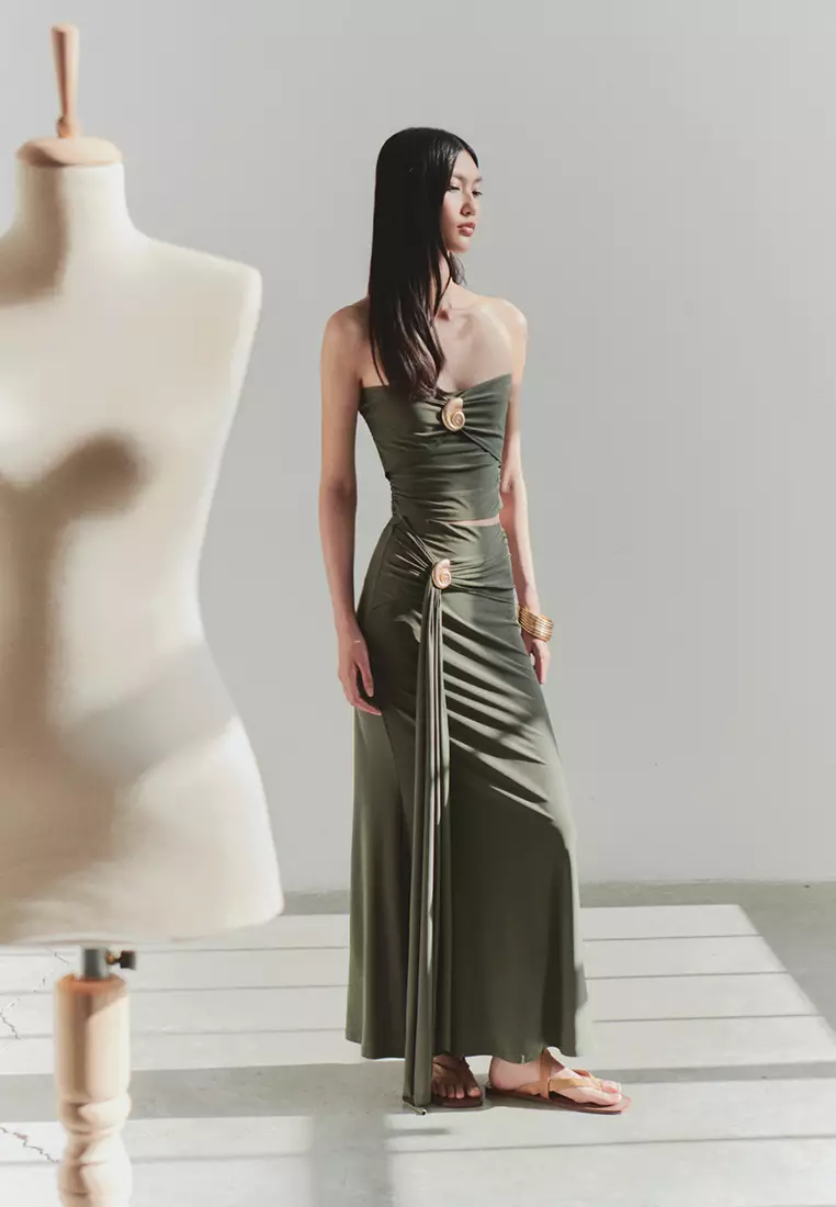 Limited Edition Khaki Fitted Accessory Detailed Knitted Long Skirt  TPRSS25ET00004