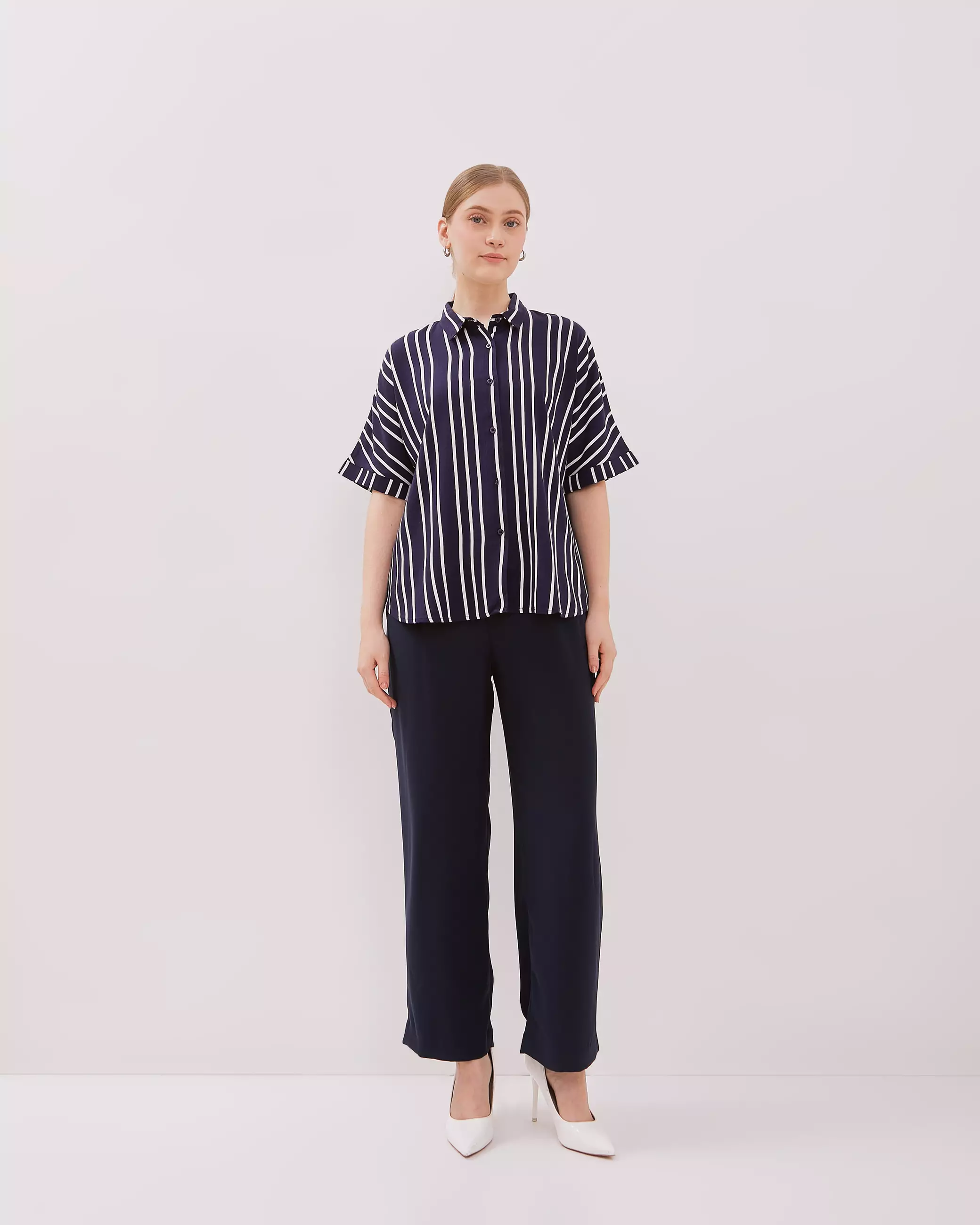 Urban Exchange Kimiko Stripe Navy Blue Shirt - Blouse Lengan Pendek Wanita Navy
