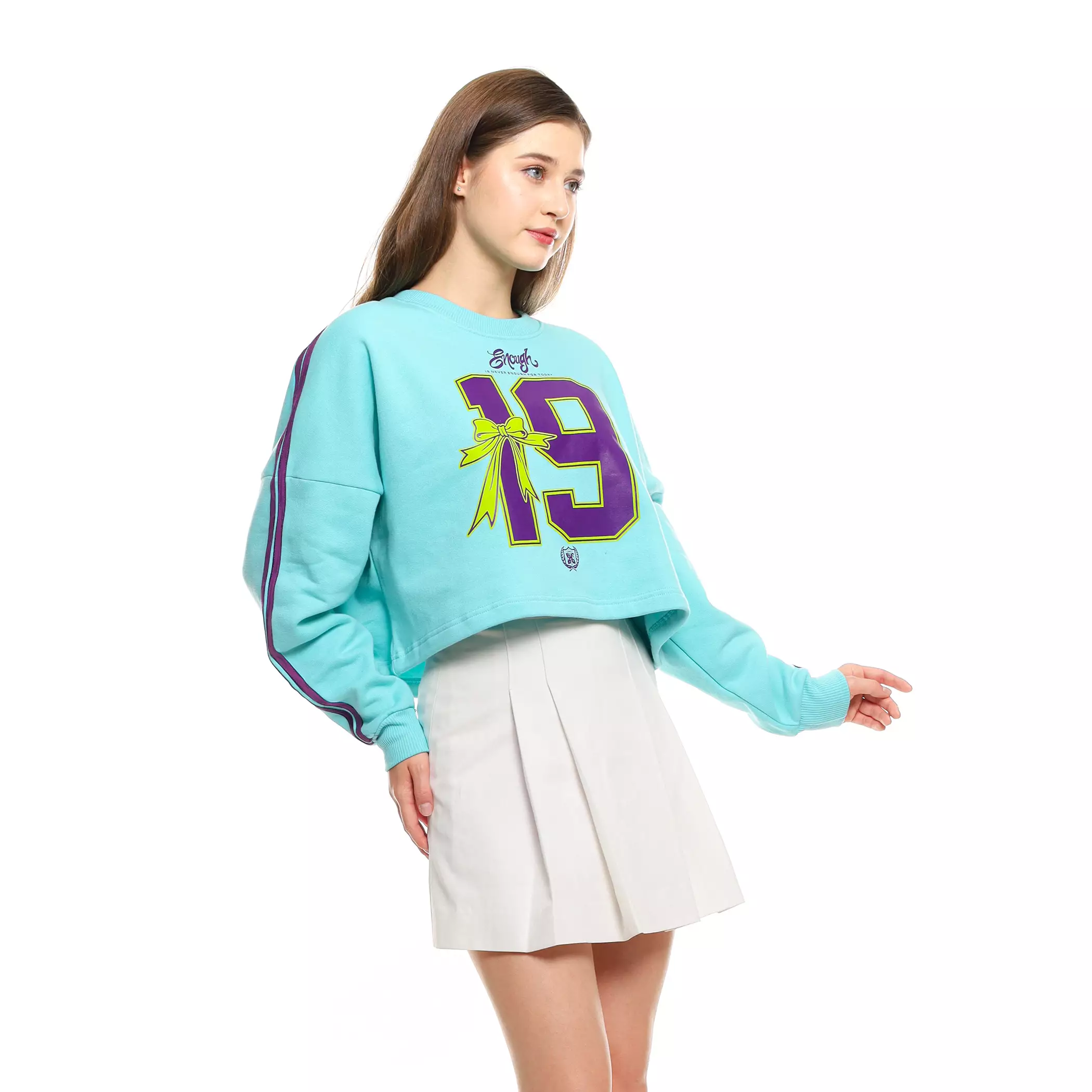 Enough For Today - Sweater Crop Oversize Crewneck Wanita Coquette 19 Skyblue Korea Variasi Garis