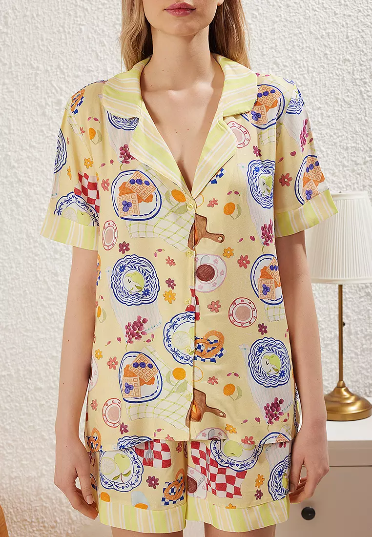 Multicolored Fun Woven Pajama Set With Patterned Shorts