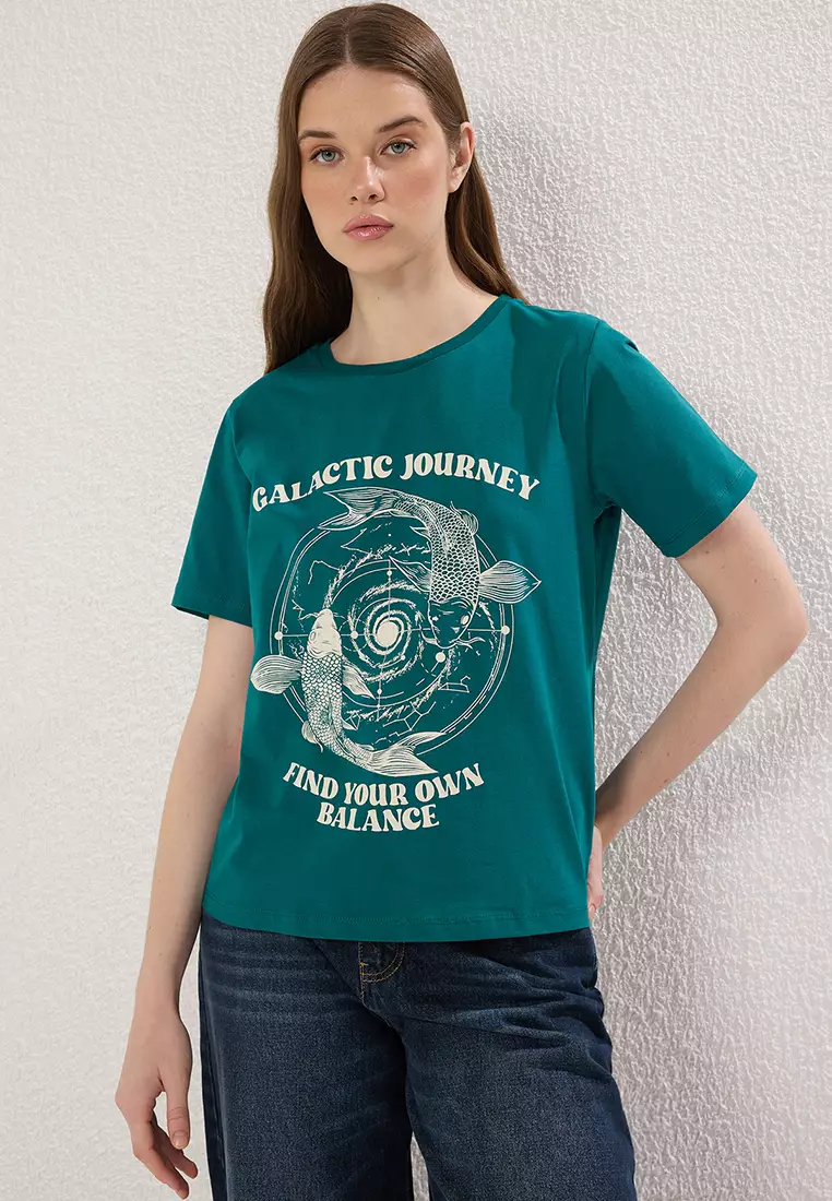 Emerald Green Regular/Normal Pattern Printed Knitted T-Shirt