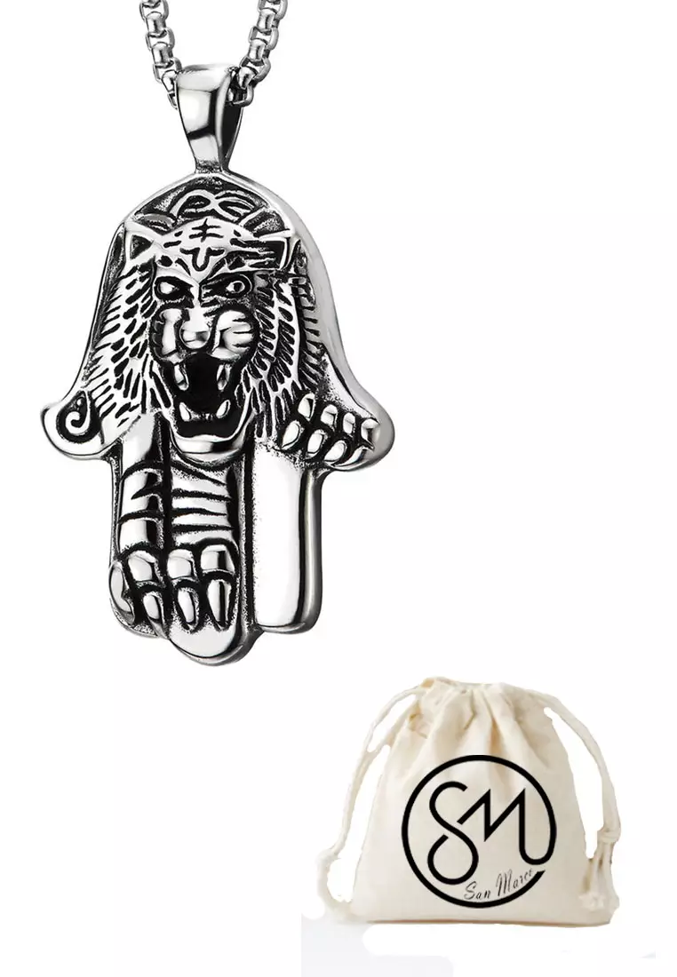 Aksesoris Pria Tiger Hand Pendant Premium Stainless Steel Necklace Kalung Pria Silver