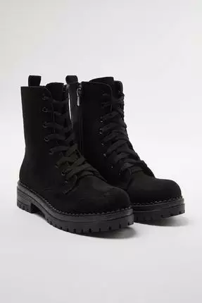 Black Suede Lace-Up And Zip-Up Short Flat Women's Boots Takaw25Bo00026
