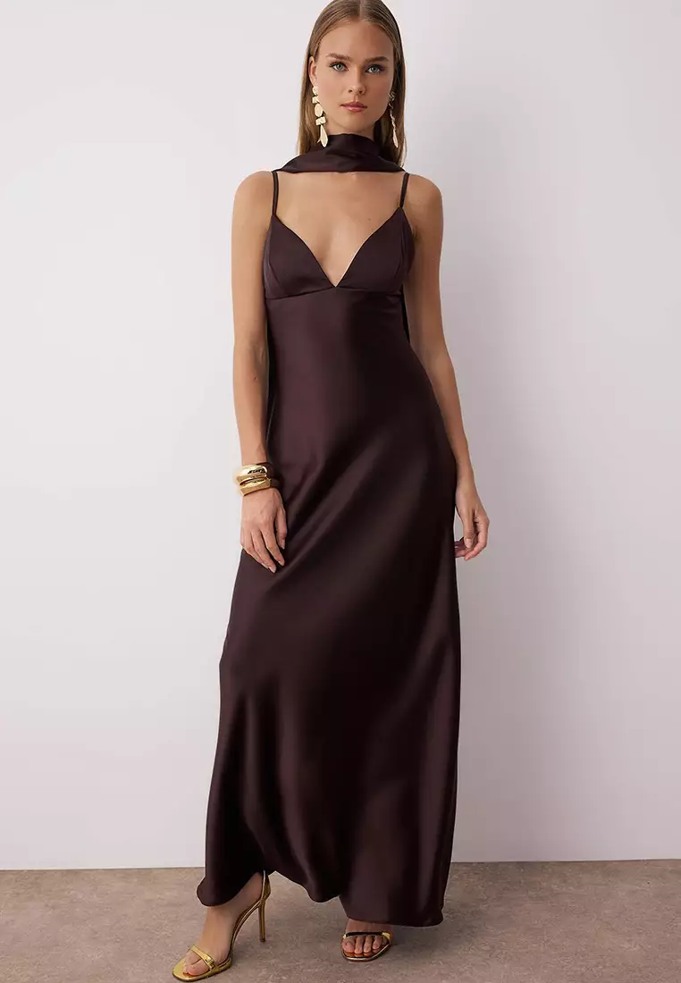 Buy Trendyol Brown Shawl Detailed Satin Woven Maxi Evening Night Graduation  Dress 2026 Online | ZALORA