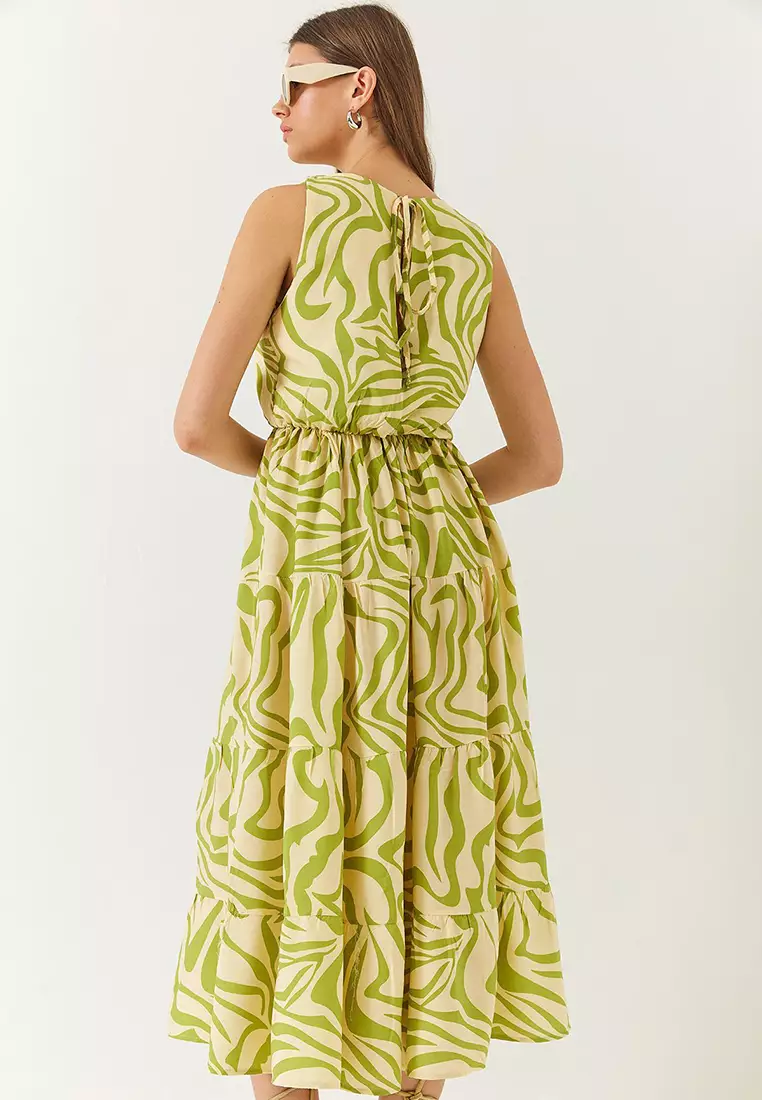 Women's Double Breasted Neckline Elastic Waist Back Rope Tie Print Dress 60261428