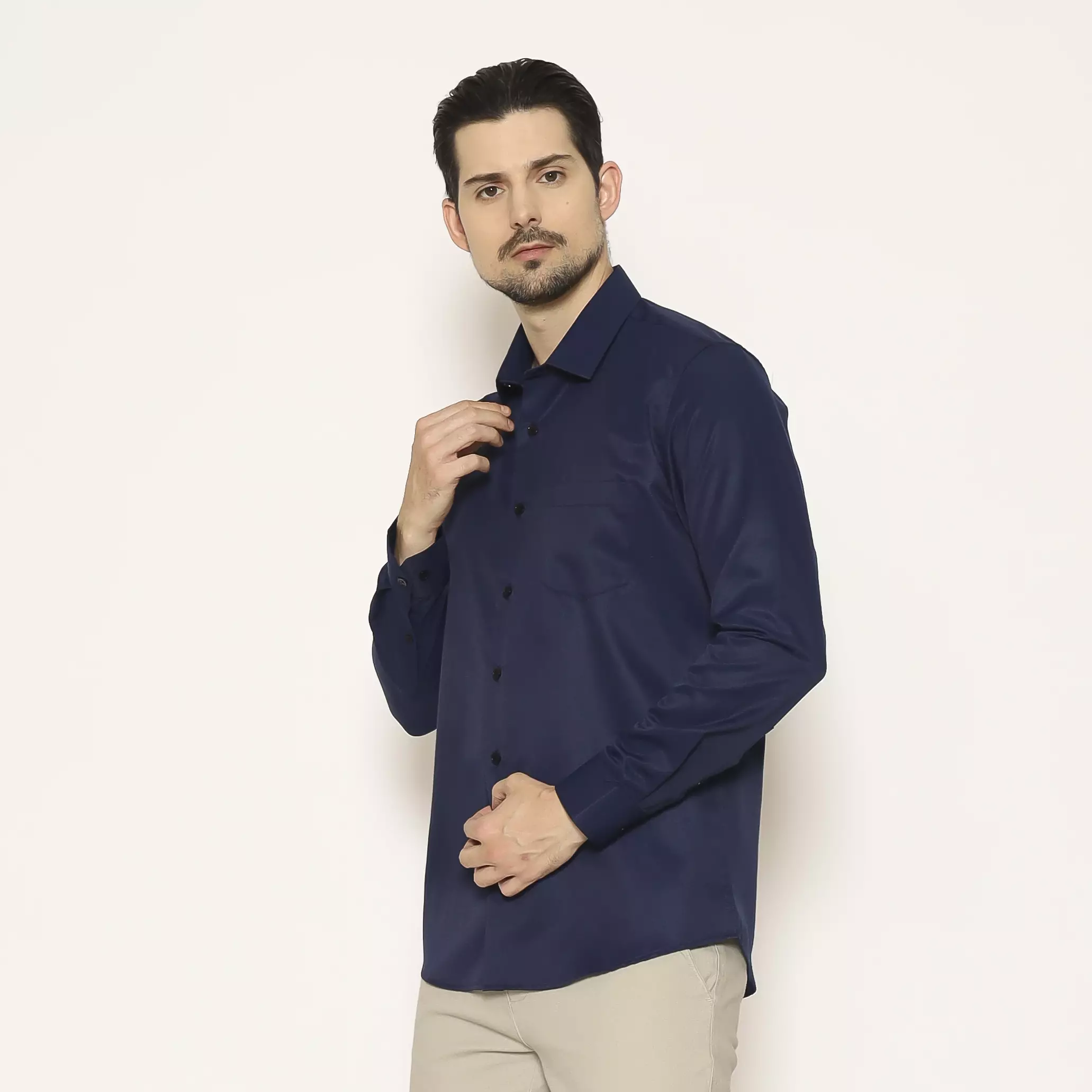 MAGINOT Kemeja Pria Basic Polos Lengan Panjang DARK NAVY