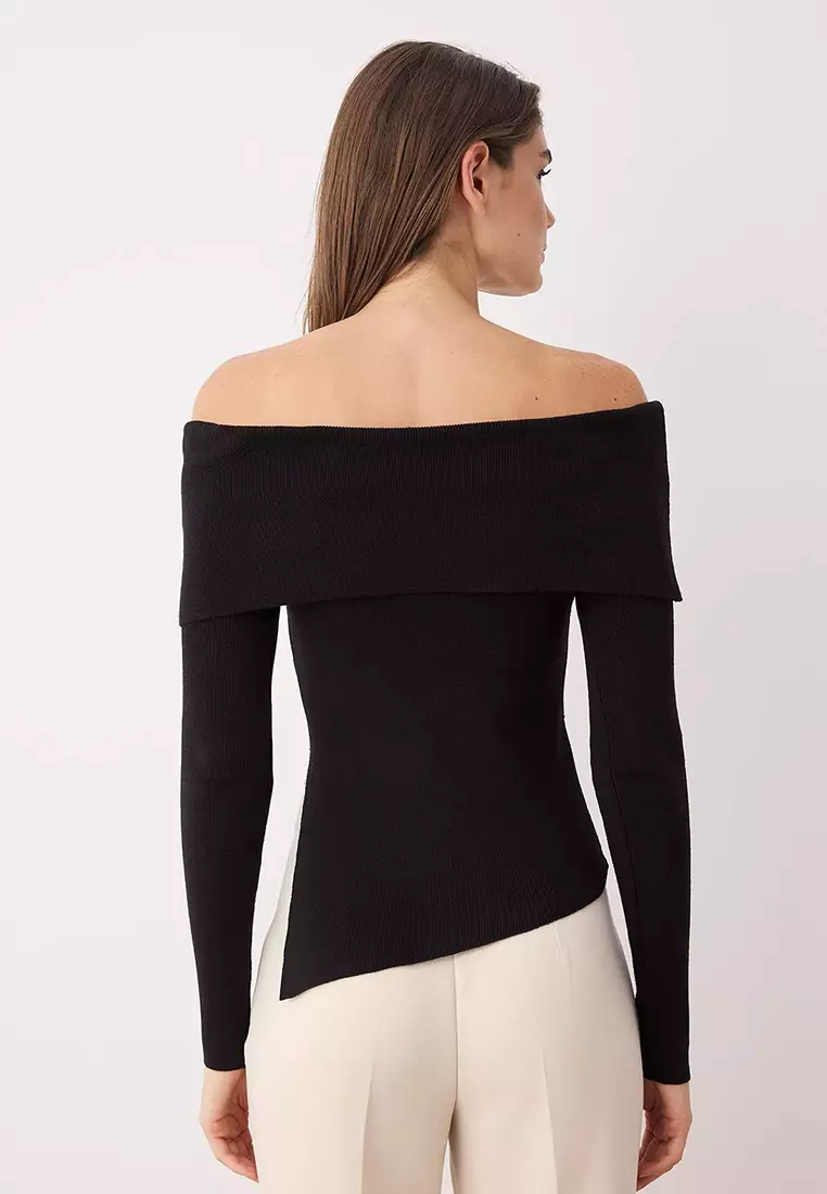 Black Premium Yarn/Special Yarn Carmen Collar Knitwear Sweater