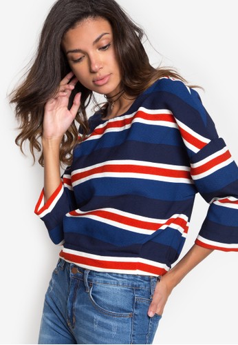 3/4 Striped Woven Top (Blue)