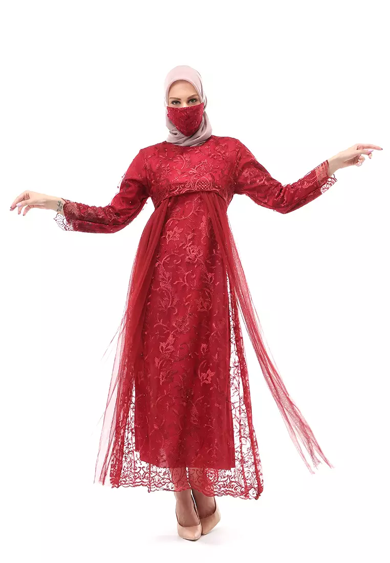 Marlina Gamis Kebaya Muslimah Panjang Motif Polos Long Sleeve Regular Fit - Maroon