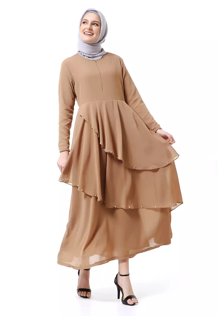 Shafira Dress Muslimah Long Sleeve Motif Polos Premium High Quality - Brown